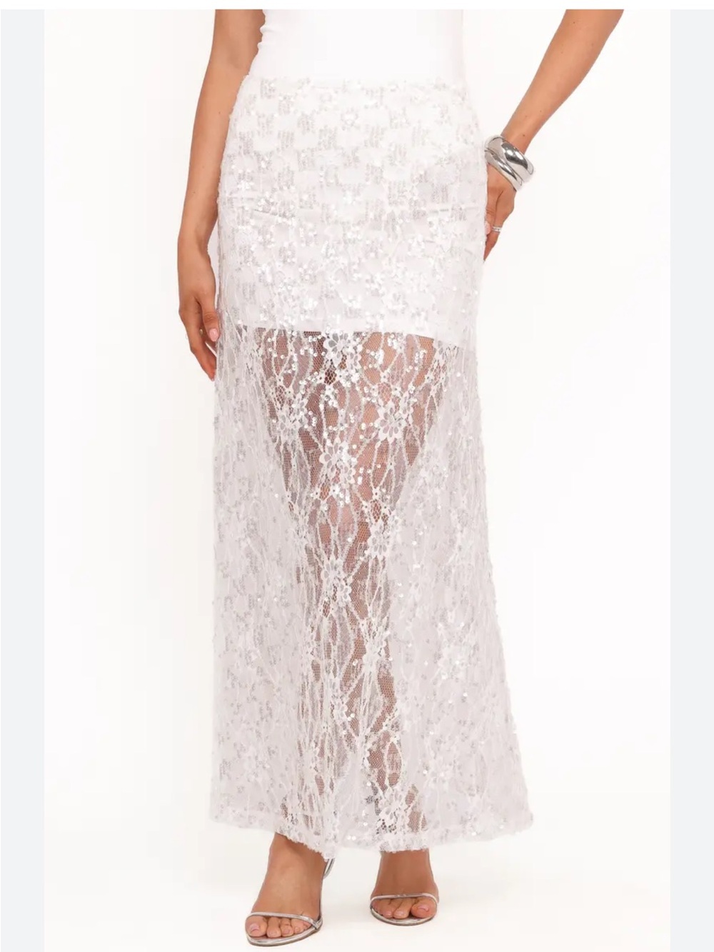 Petal & Pup White Sequin Lace Maxi Skirt